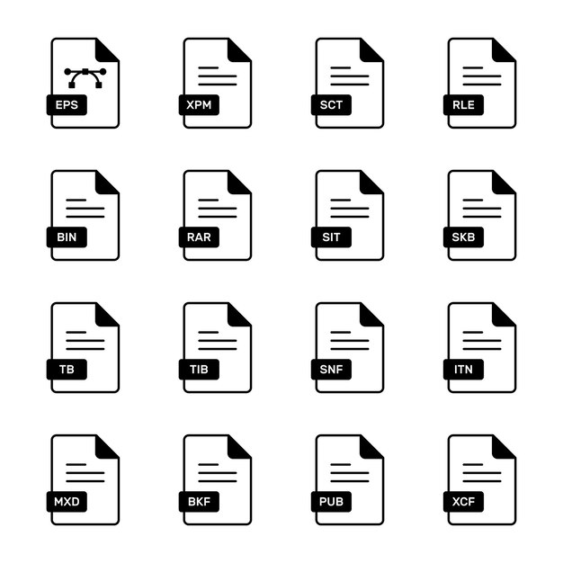 Un conjunto de iconos vectoriales que representan varios formatos de archivo
