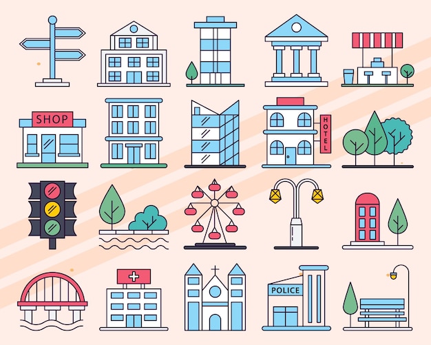 Conjunto de iconos vectoriales que representan varios paisajes urbanos y elementos urbanos