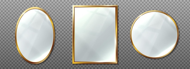 conjunto de iconos vectoriales realistas Colección de espejos ovalados redondos y rectangulares Superficie de reflexión en marco dorado Muebles de diseño de interiores