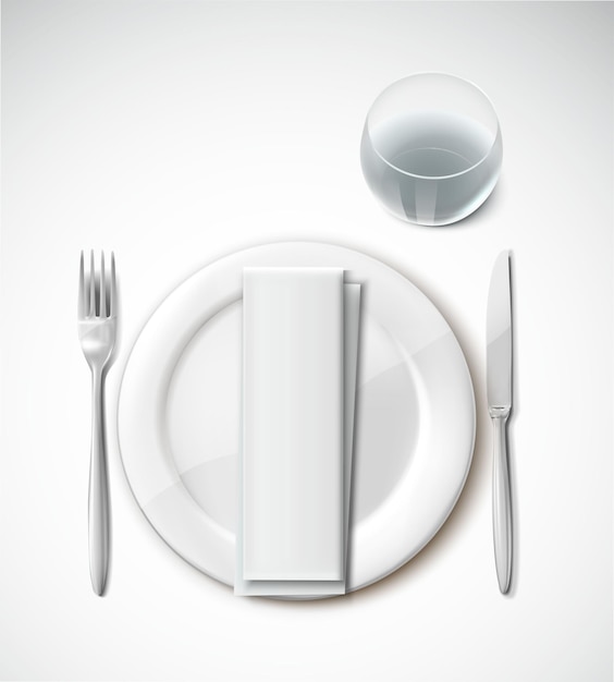 Vector conjunto de iconos vectoriales realistas juego de cubiertos de plata con tenedor y cuchillo y plato redondo para servir y servilleta vaso de agua vista superior