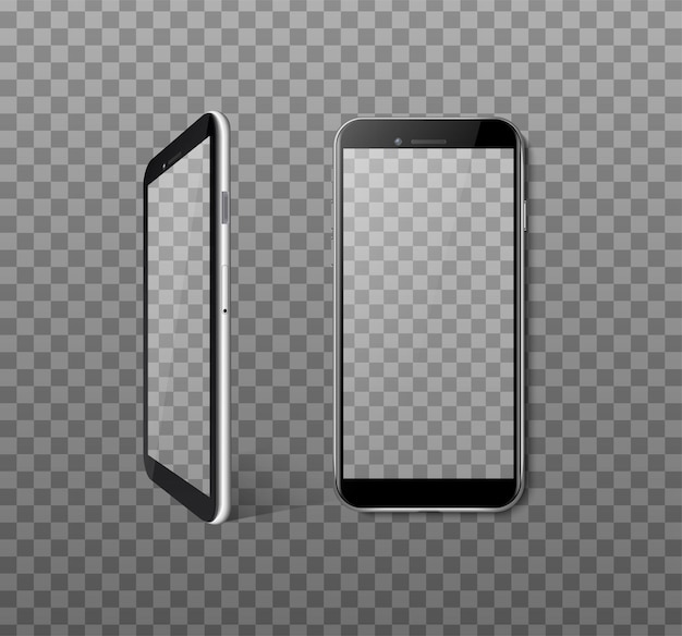 Conjunto de iconos vectoriales realistas smartphone en vista frontal y lateral fondo transparente