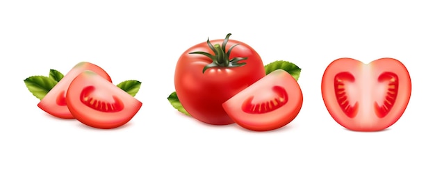 conjunto de iconos vectoriales realistas tomate rojo cortado entero y en rodajas de tomate fresco