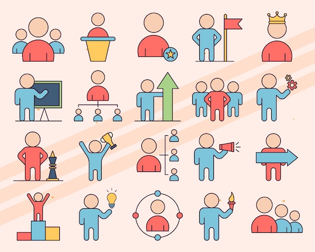 Conjunto de iconos vectoriales relacionados con el liderazgo, incluidos símbolos de autoridad y gestión