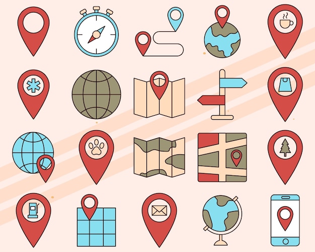 Conjunto de iconos vectoriales relacionados con mapas y navegación, incluidos globos, brújulas y marcadores de mapas