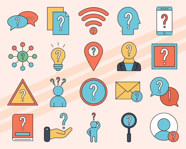 Conjunto de iconos vectoriales relacionados con preguntas e consultas, incluidos signos de interrogación y burbujas de habla