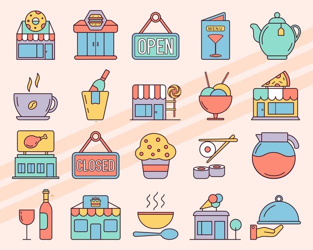 Conjunto de iconos vectoriales relacionados con restaurantes y cafés, incluidos alimentos, bebidas y elementos de comedor