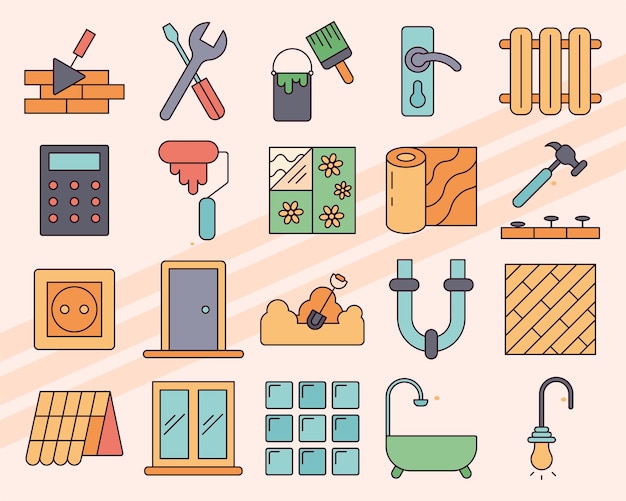 Conjunto de iconos vectoriales relacionados con los servicios de construcción, incluidas las herramientas y el equipo de seguridad