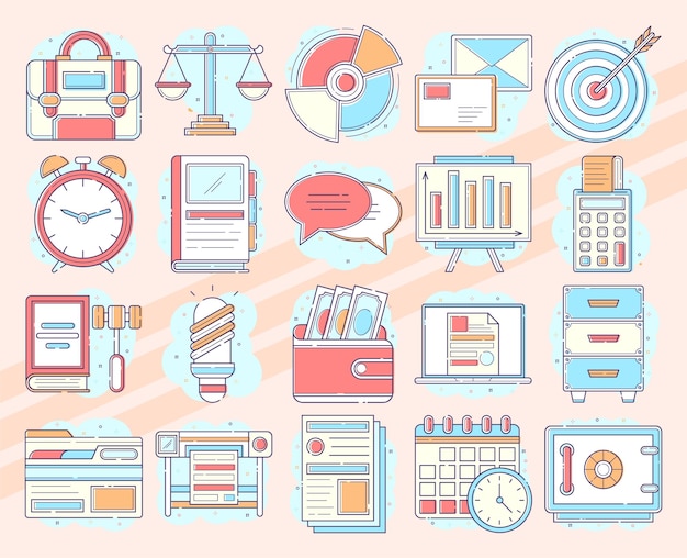 Conjunto de iconos vectoriales relacionados con el trabajo empresarial y de oficina, incluidos maletines, computadoras y gráficos