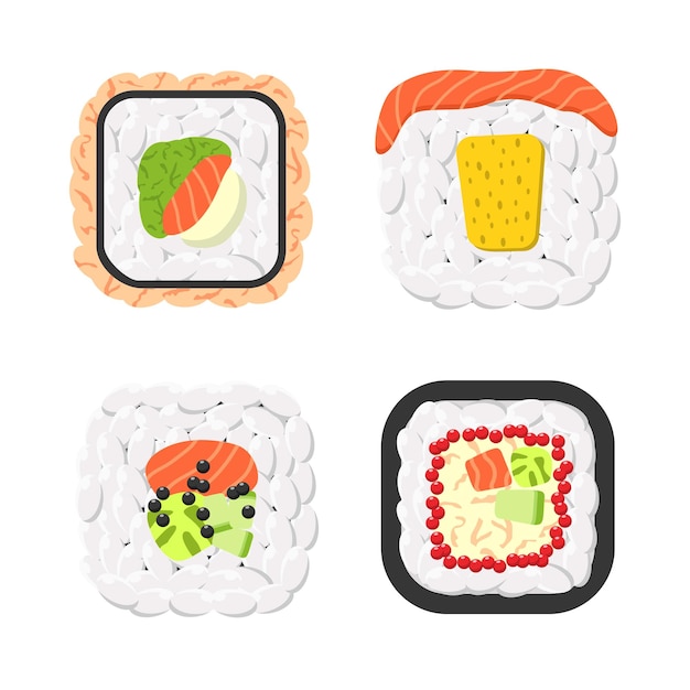 Conjunto de iconos vectoriales de rollos de sushi de colores sabrosos Colección de diferentes sabores y tipos