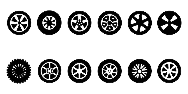 Conjunto de iconos vectoriales ruedas de silueta negra y blanca para automóviles