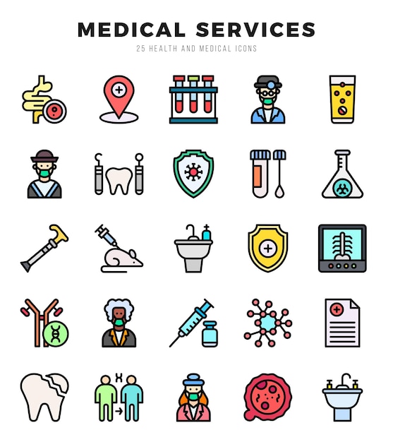 Conjunto de íconos vectoriales de servicios médicos íconos de estilo de color lineal