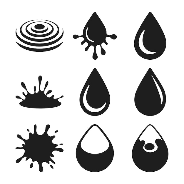 Conjunto de iconos vectoriales de silueta de salpicaduras y gotas de agua