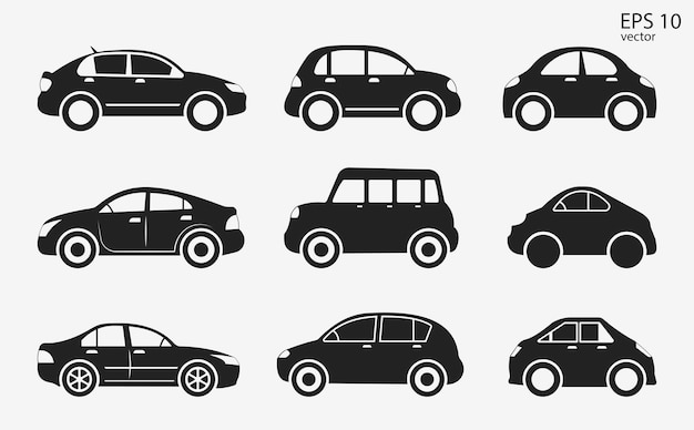 Conjunto de íconos vectoriales simples para automóviles de diferentes clases