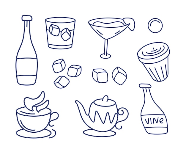 Un conjunto de iconos vectoriales sobre el tema de las bebidas, botella de vino, cóctel, tetera, té, whisky, hielo, etc.