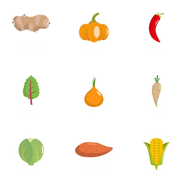 Conjunto de iconos de vegetales. conjunto plano de 9 iconos vegetarianos