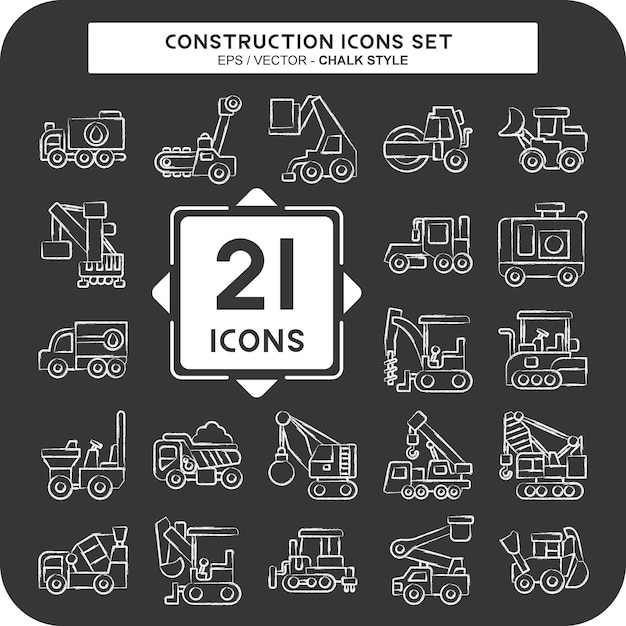 Conjunto de iconos Vehículos de construcción relacionados con Máquinas de construcción símbolo tiza Estilo diseño sencillo ilustrado editable