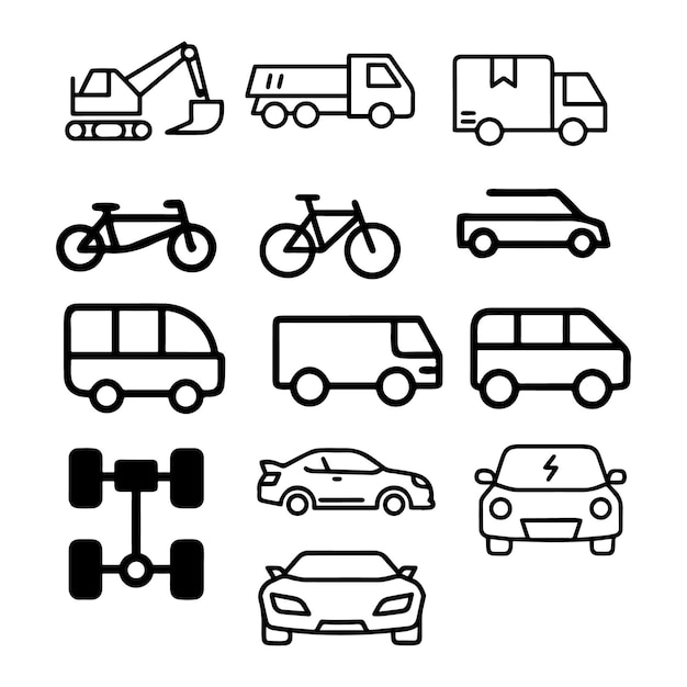 Conjunto de iconos de vehículos vectoriales con contorno de revestimiento sobre fondo blanco