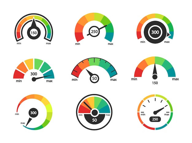 Vector conjunto de iconos de velocímetro indicadores de puntuación de crédito empresarial