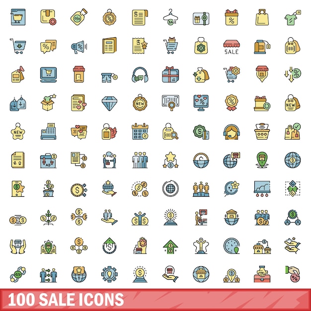 Vector conjunto de íconos de venta de 100 icones de línea de color de los íconos vectoriales de venta de línea delgada de color plano en blanco