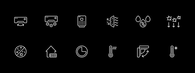 Conjunto de iconos de ventilación Aire fresco ventilador de viento aire acondicionado calor soplando frío verano calor frescura Icono de línea blanca sobre fondo negro Icono de linea vectorial para negocios y publicidad