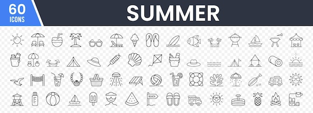Conjunto de íconos de verano Arte de línea negra minimalista que incluye sillas de playa de sol Bebidas tropicales Palmeras