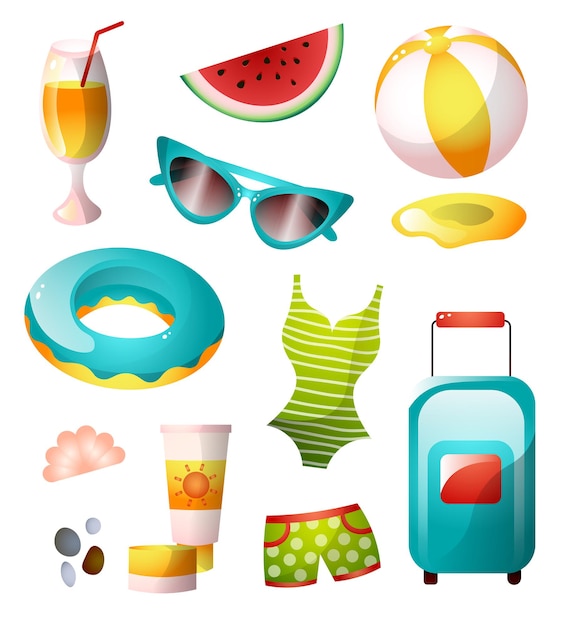 Vector conjunto de iconos de verano, diseño colorido, herramienta de playa soleada