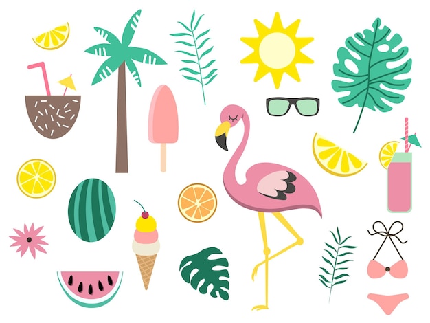 Vector conjunto de iconos de verano helados bebidas hojas de palma frutas y flamencos conjunto de carteles de verano brillante colección de elementos de scrapbooking para fiesta en la playa eps