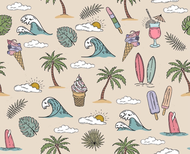 Conjunto de iconos de verano, ilustración dibujada a mano.