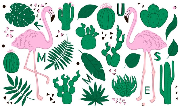 Conjunto de iconos de verano lindo: hojas tropicales verdes, cactus y flamencos. Estilo de dibujos animados.