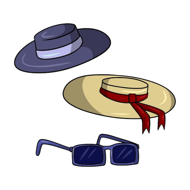 Conjunto de iconos de verano sombreros de protección solar y gafas de sol ilustración vectorial en dibujos animados