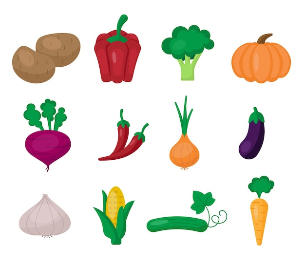 Conjunto de iconos de verduras, fondo blanco, estilo plano, impresión, diseño web, eps 10