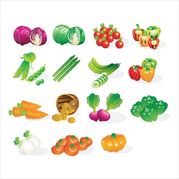 Conjunto de iconos de verduras frescas de dibujos animados