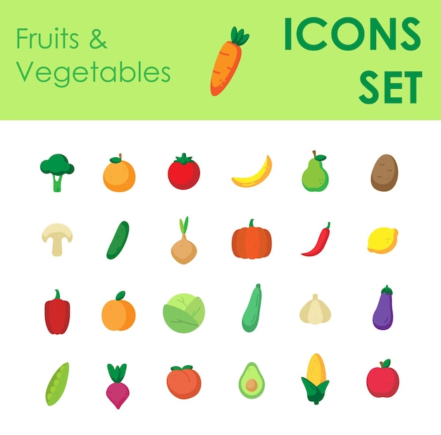 Vector conjunto de iconos de verduras y frutas, conjunto de iconos de color plano de alimentos, saludable y vegetariano