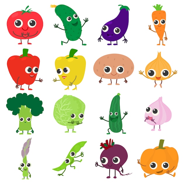 Conjunto de iconos de verduras sonrientes. Ilustración de dibujos animados de 16 iconos de vector de verduras sonrientes para web