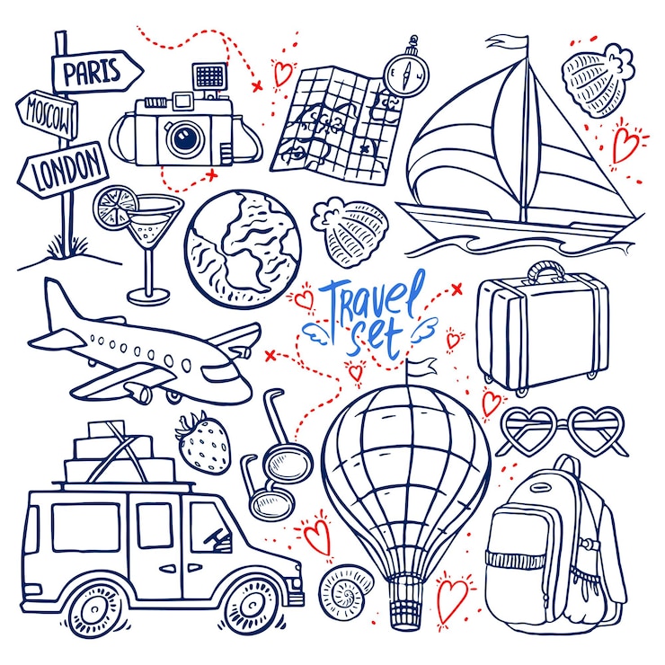 Vector conjunto de iconos de viaje. avión, coche, barco. ilustración dibujada a mano