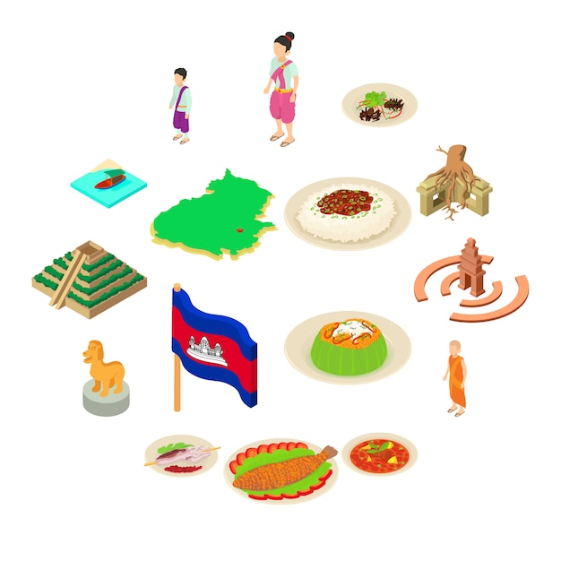 Vector conjunto de iconos de viaje camboya, estilo isométrico