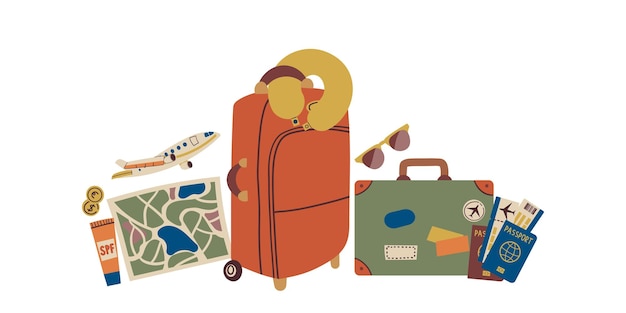 Conjunto de íconos de viaje Concepto de viaje Conjun to de objetos de viaje aislados en blanco dibujo a mano dibujado dibujo plano ilustración para cartel de cartel y diseño web