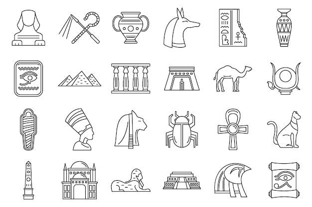 Conjunto de iconos de viaje Egipto, estilo de contorno