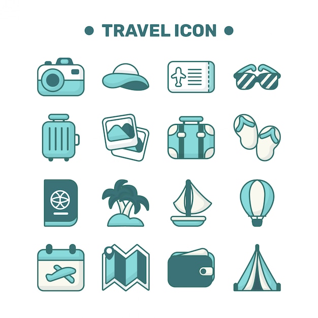 Vector conjunto de iconos de viaje con estilo de contorno