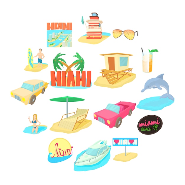 Conjunto de iconos de viaje de miami, estilo de dibujos animados