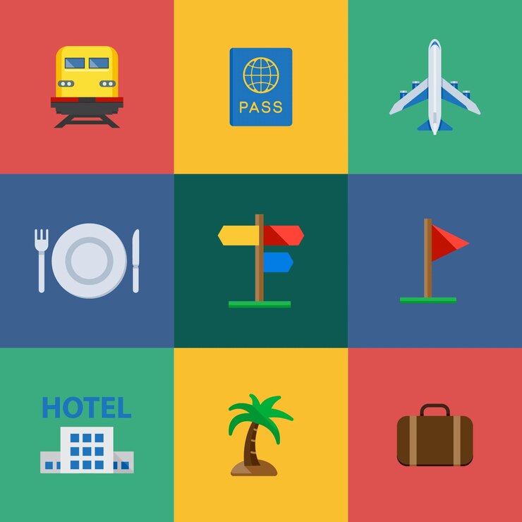 Conjunto de iconos de viaje vectorial planos dibujados a mano