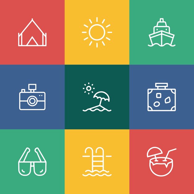 Conjunto de iconos de viaje vectorial planos dibujados a mano