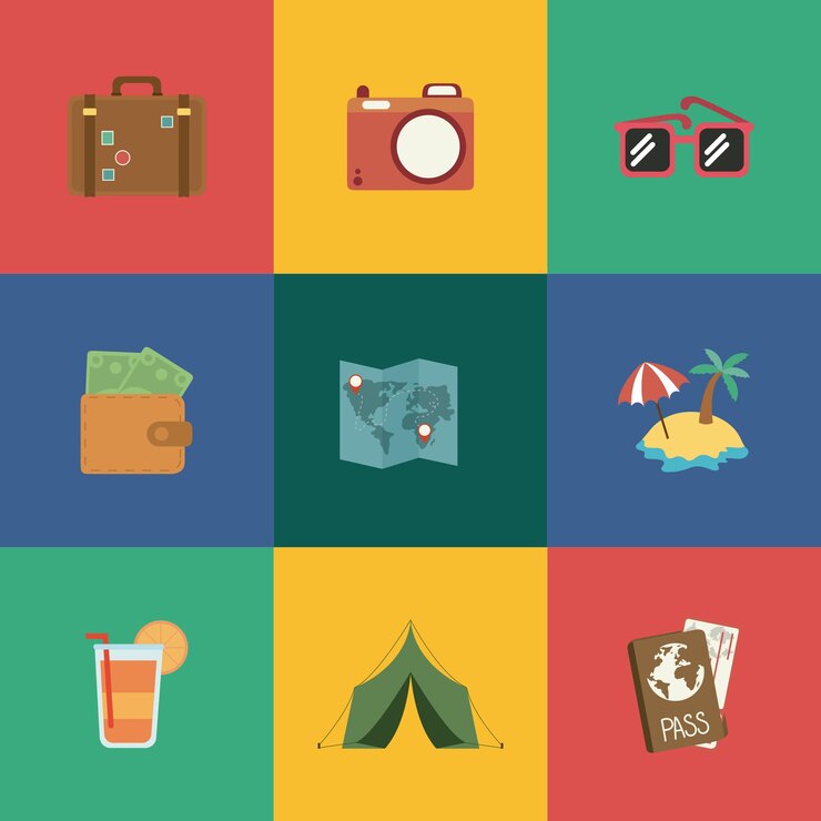 Conjunto de iconos de viaje vectorial planos dibujados a mano