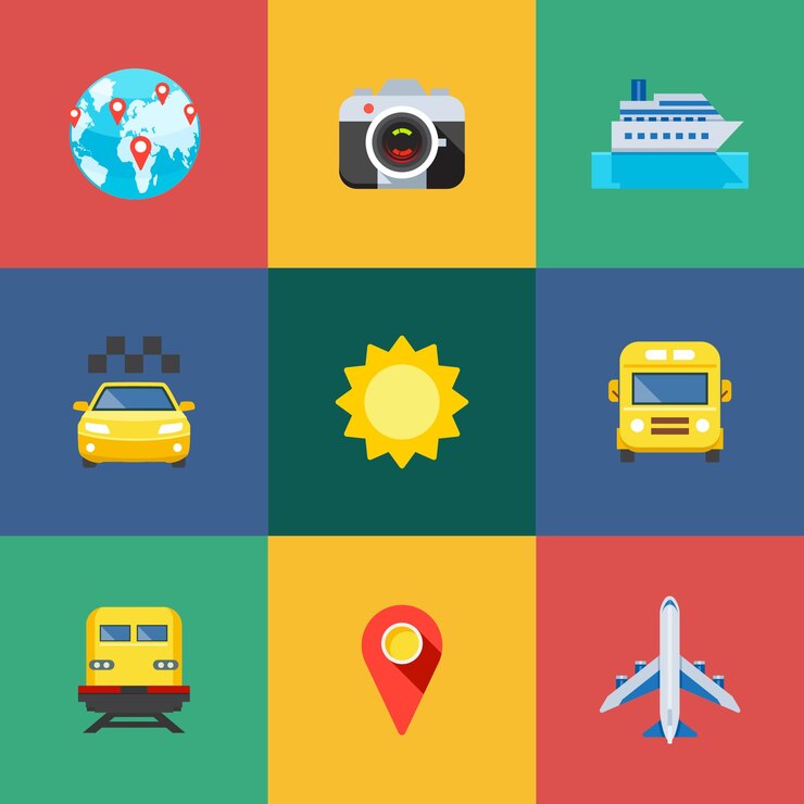 Conjunto de iconos de viaje vectorial planos dibujados a mano