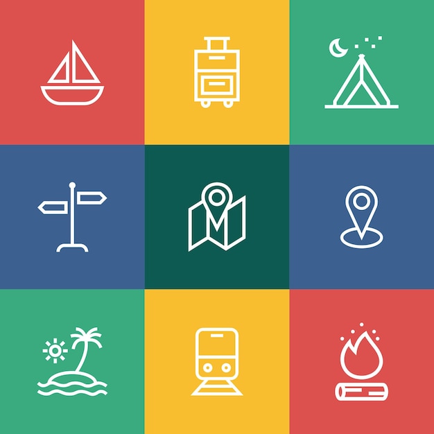 Conjunto de iconos de viaje vectorial planos dibujados a mano