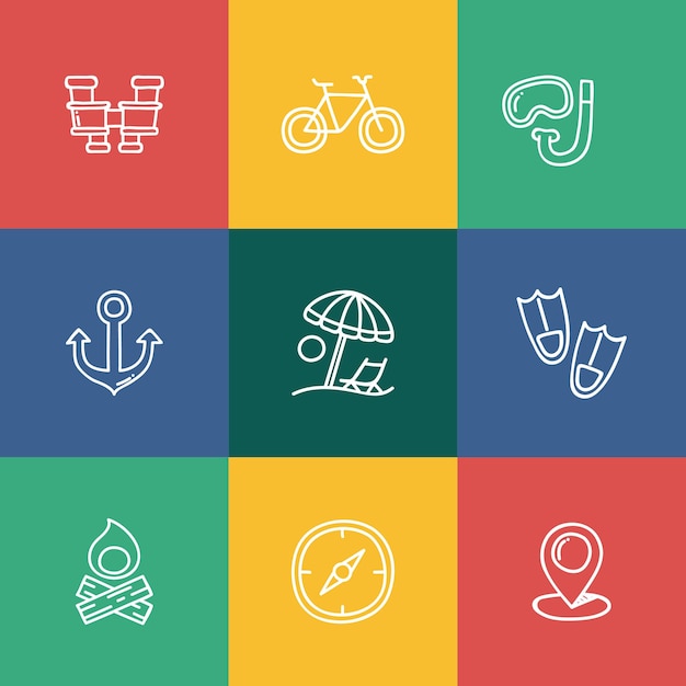 Conjunto de iconos de viaje vectorial planos dibujados a mano