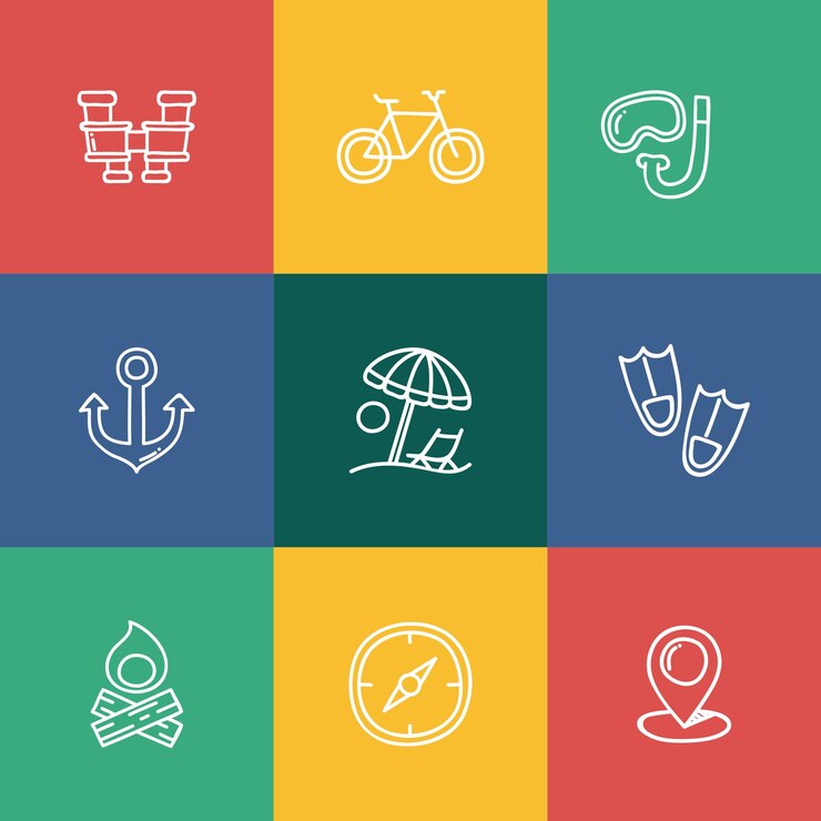 Conjunto de iconos de viaje vectorial planos dibujados a mano