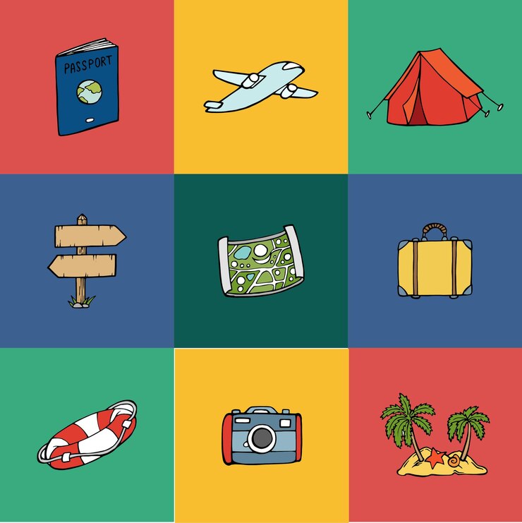 Conjunto de iconos de viaje vectorial planos dibujados a mano