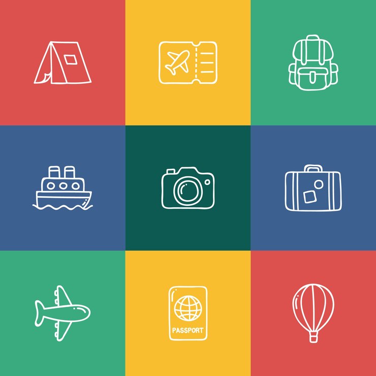 Conjunto de iconos de viaje vectorial planos dibujados a mano