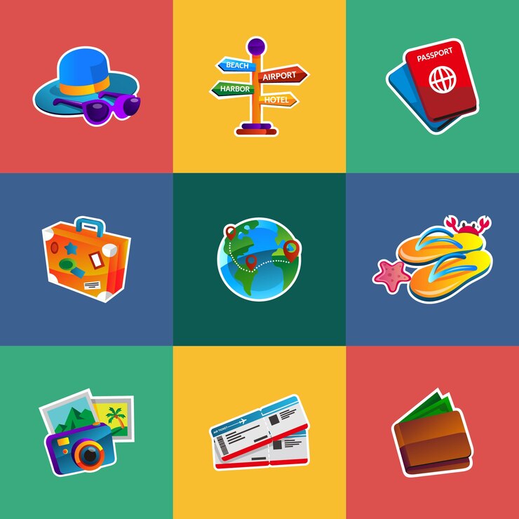 Conjunto de iconos de viaje vectorial planos dibujados a mano